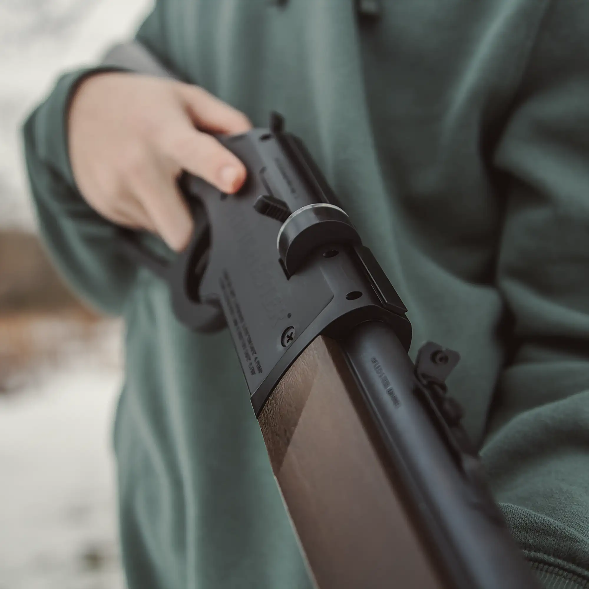 Winchester Model 1873 pellet holding down rifle view